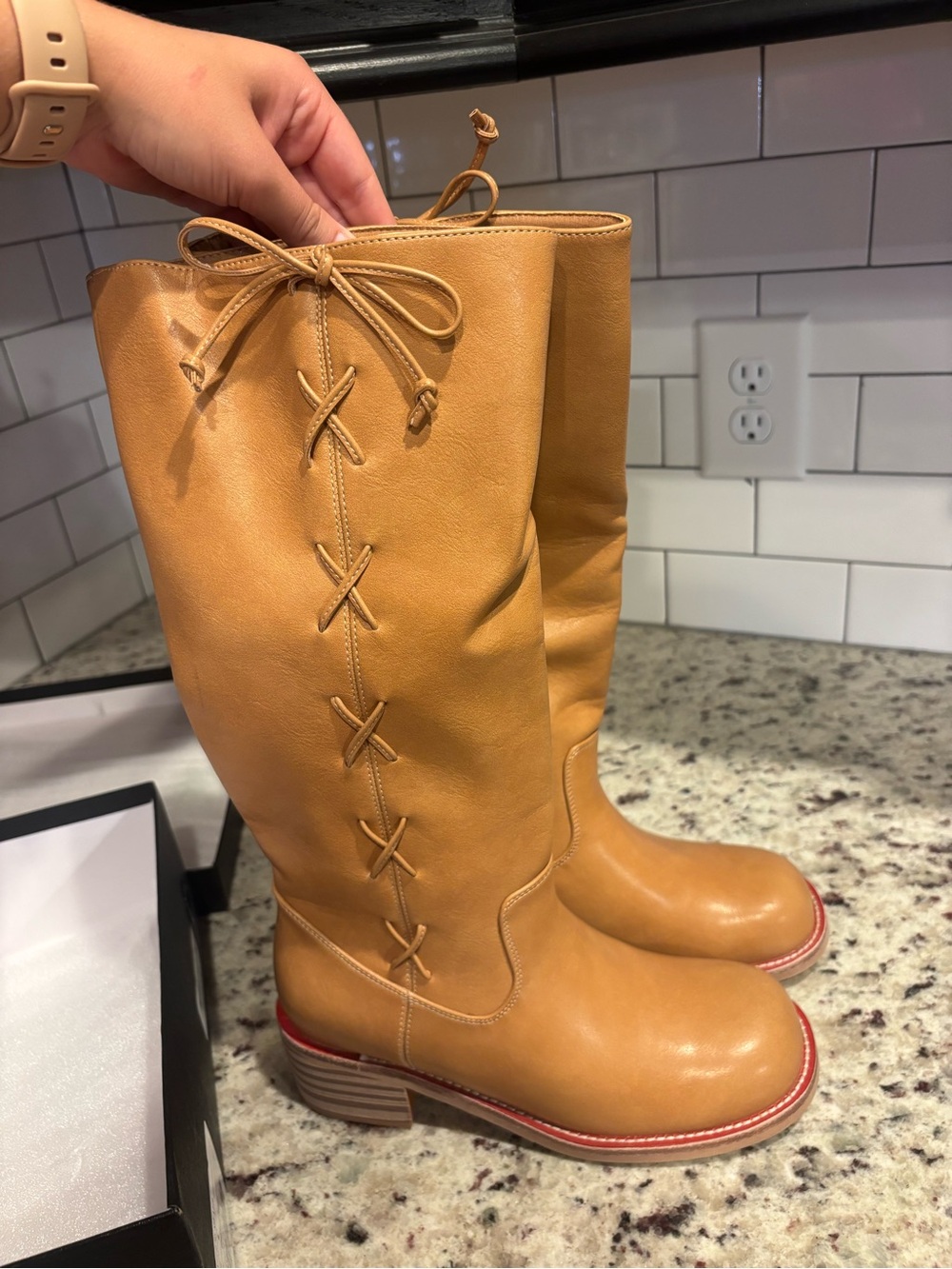 Women's Tan Leather Lace-Up Knee Boot